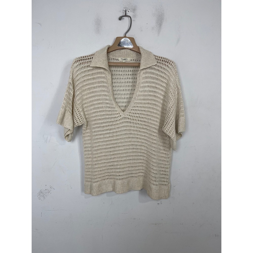 Max Studio London Women Cream Open Knit Polo Sweater Short Sleeve Linen Blend S